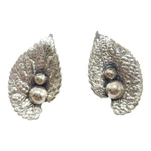 1950s Modernist Sterling Silver Screw Back Leaf Earrings Signed Beau Vintage